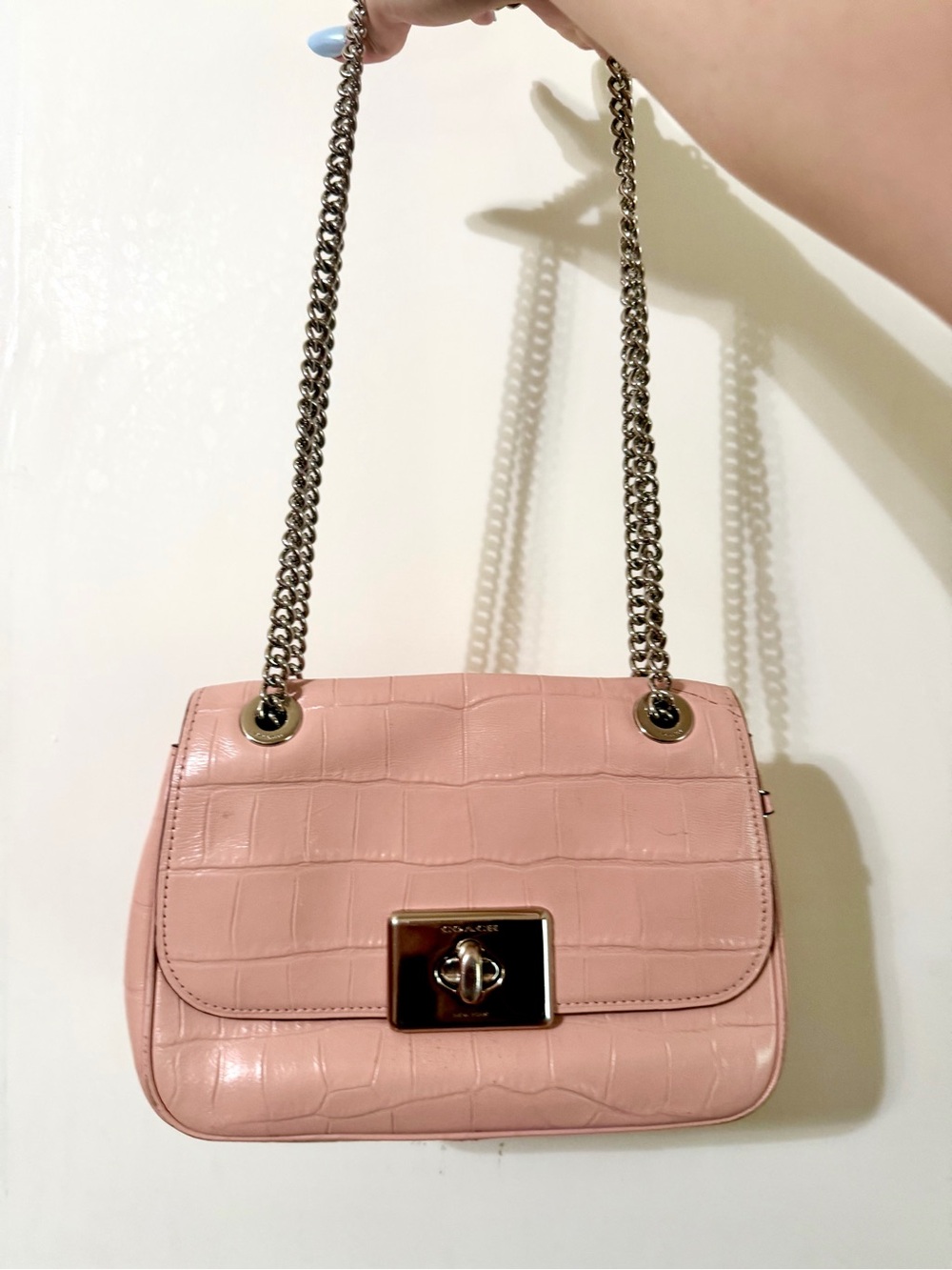 Coach Pink Croc-Embossed Chain Shoulder Bag with Silver Hardware